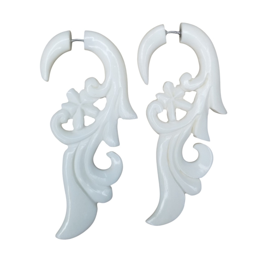 Hand Carved Horn Floral Faux Gauge Earrings Wave Scroll Bali New